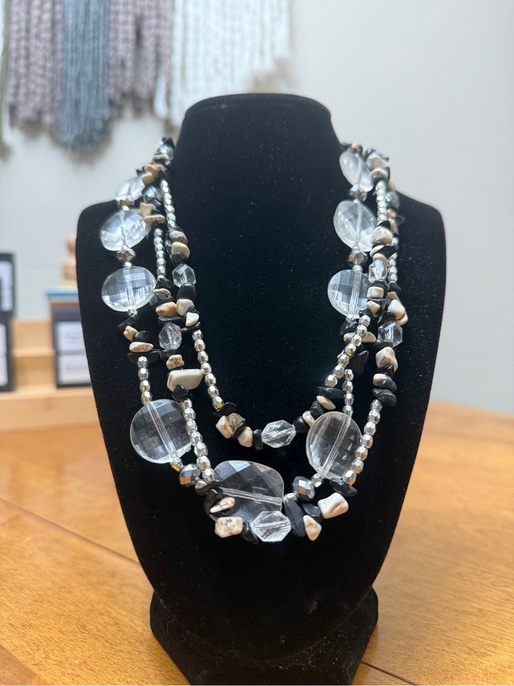Clear Crystal and Black Multi-Strand Chip Beaded Necklace